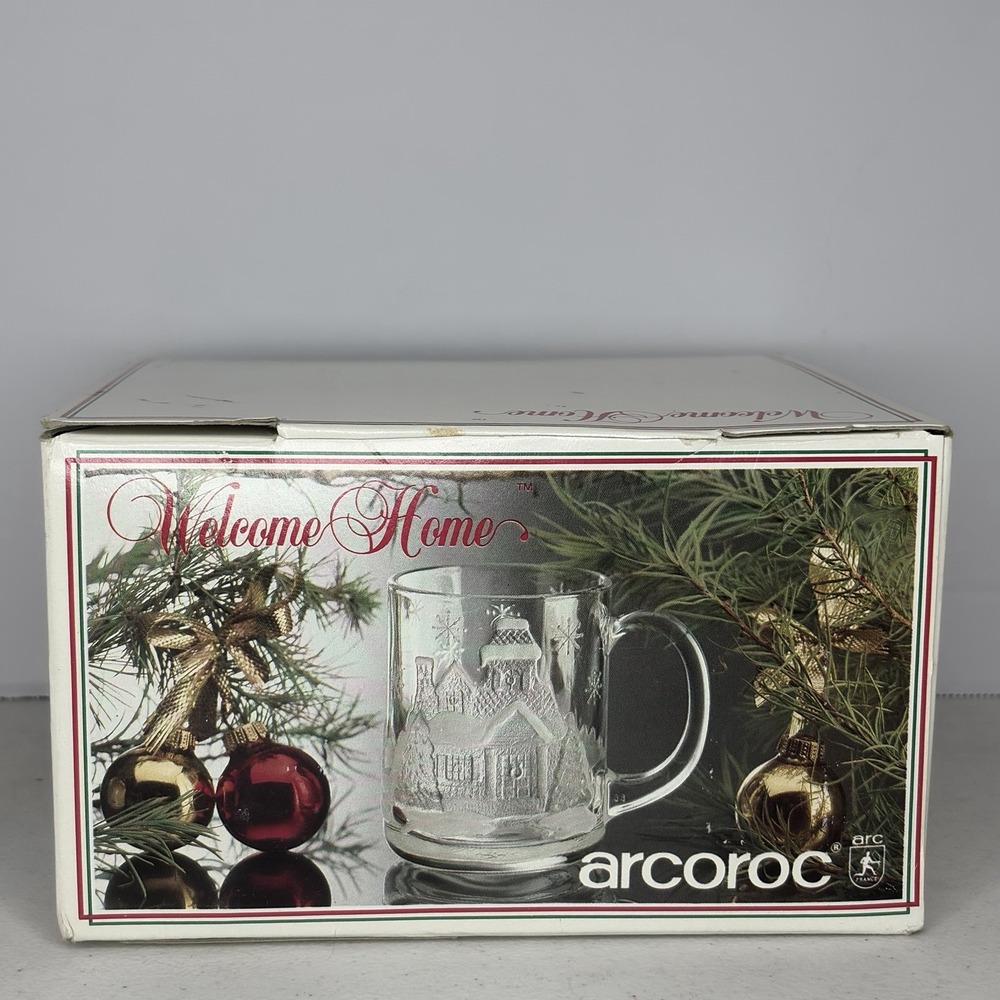 Arcoroc Welcome Home Set of 4 Glass Christmas Winter Village Mugs With Box NOS